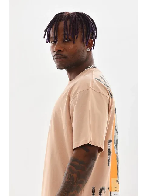 Unisex Baskılı Oversize T-shirt - Bej