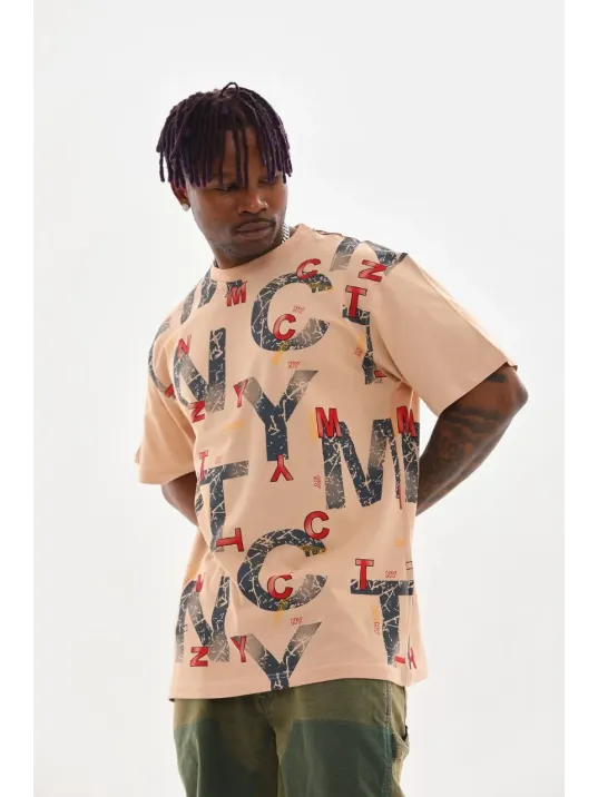 Unisex Baskılı Oversize T-Shirt - Bej