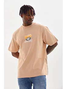 Unisex Baskılı Oversize T-shirt - Bej