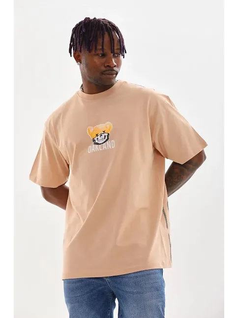Unisex Baskılı Oversize T-shirt - Bej