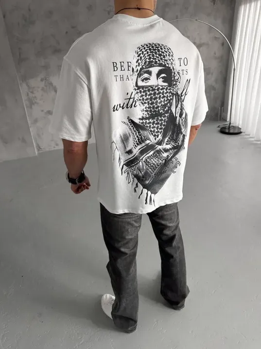 Unisex Baskılı Oversize T-Shirt - Beyaz Unisex Baskılı Oversize T-Shirt - Beyaz