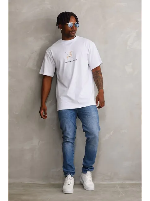 Unisex Baskılı Oversize T-shirt - Beyaz