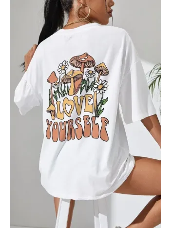 Unisex Baskılı Oversize T-Shirt - Beyaz Unisex Baskılı Oversize T-Shirt - Beyaz