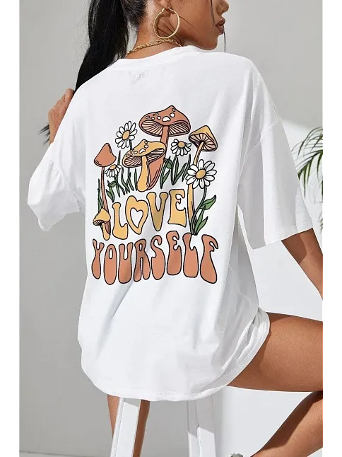 Unisex Baskılı Oversize T-shirt - Beyaz