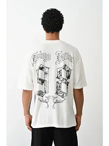 Unisex Baskılı Oversize T-shirt - Beyaz