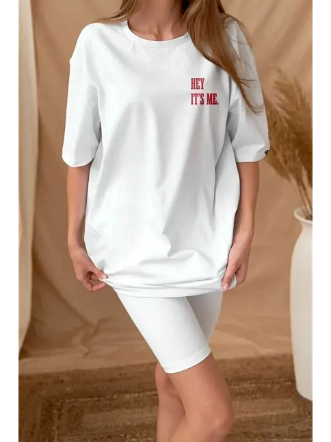 Unisex Baskılı Oversize T-shirt - Beyaz