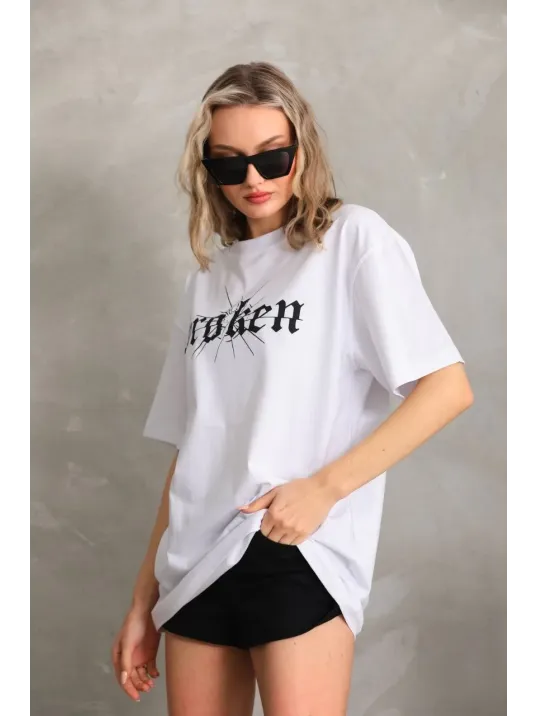 Unisex Baskılı Oversize T-Shirt - Beyaz