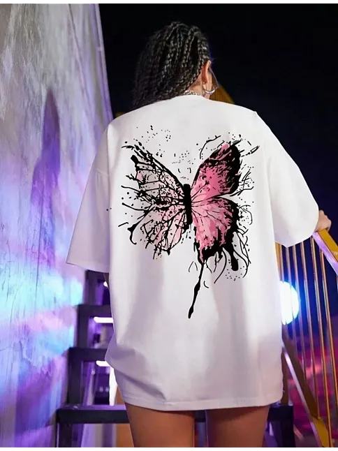 Unisex Baskılı Oversize T-shirt - Beyaz
