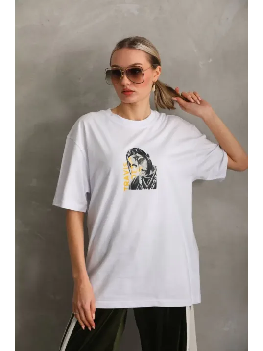 Unisex Baskılı Oversize T-Shirt - Beyaz