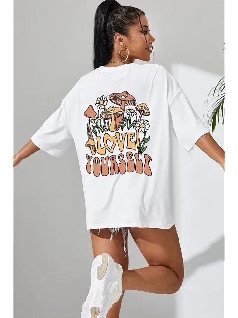 Unisex Baskılı Oversize T-shirt - Beyaz