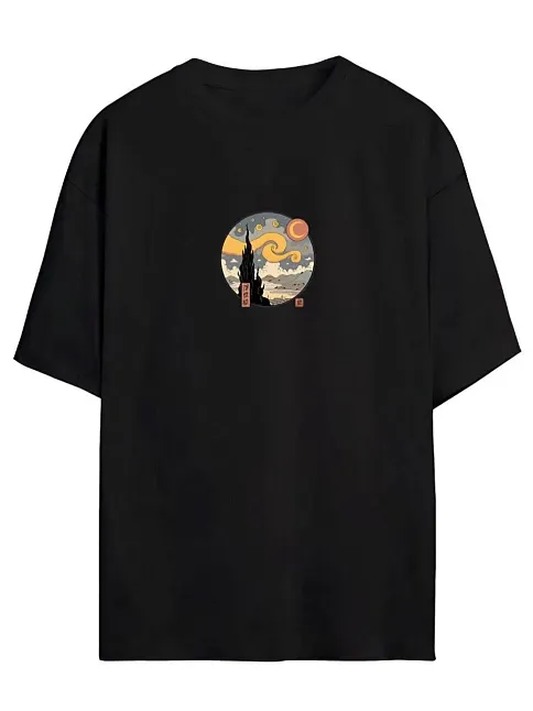 Unisex Baskılı Oversize T-shirt - Siyah