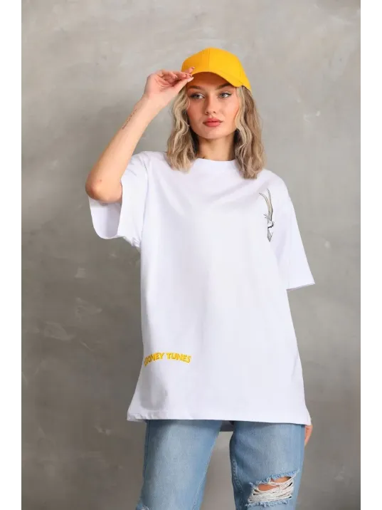 Unisex Baskılı Oversize T-Shirt - Beyaz