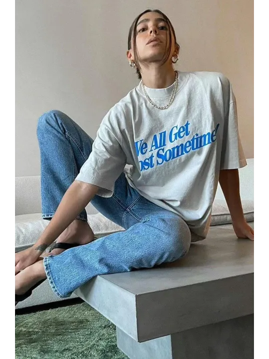 Unisex Baskılı Oversize T-Shirt - Beyaz