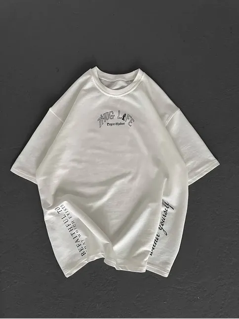 Unisex Baskılı Oversize T-shirt - Beyaz