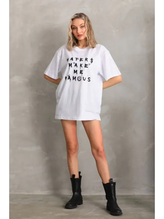 Unisex Baskılı Oversize T-Shirt - Beyaz