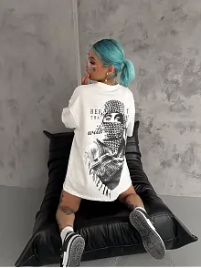 Unisex Baskılı Oversize T-shirt - Beyaz