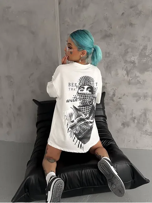 Unisex Baskılı Oversize T-shirt - Beyaz
