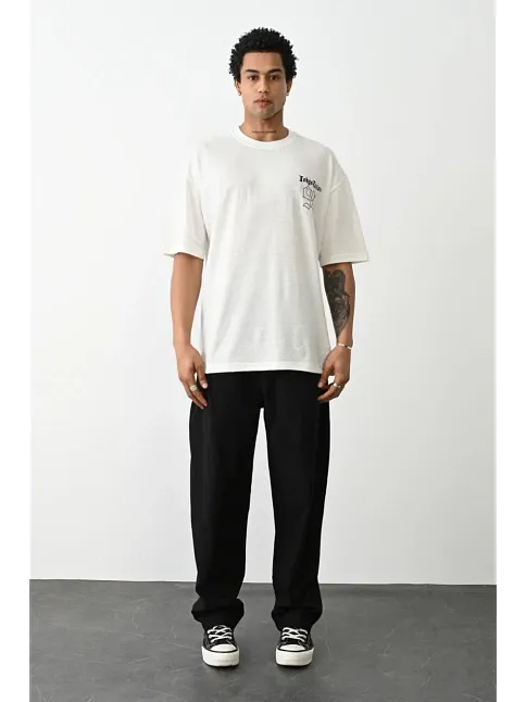 Unisex Baskılı Oversize T-shirt - Beyaz