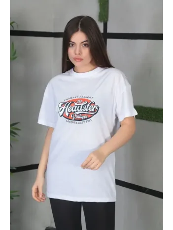 Unisex Baskılı Oversize T-Shirt - Beyaz