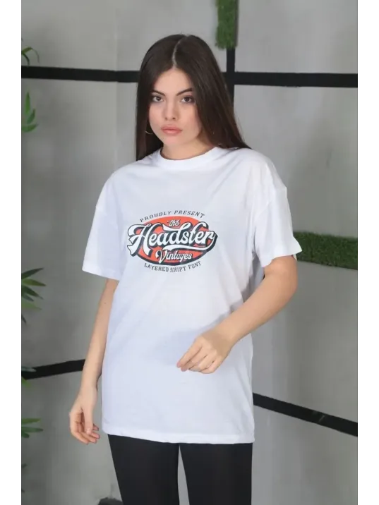 Unisex Baskılı Oversize T-Shirt - Beyaz