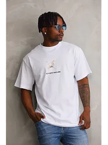 Unisex Baskılı Oversize T-shirt - Beyaz