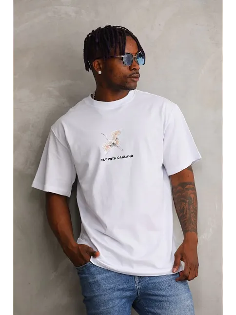 Unisex Baskılı Oversize T-shirt - Beyaz