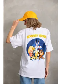 Unisex Baskılı Oversize T-shirt - Beyaz