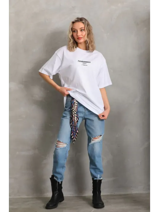Unisex Baskılı Oversize T-Shirt - Beyaz