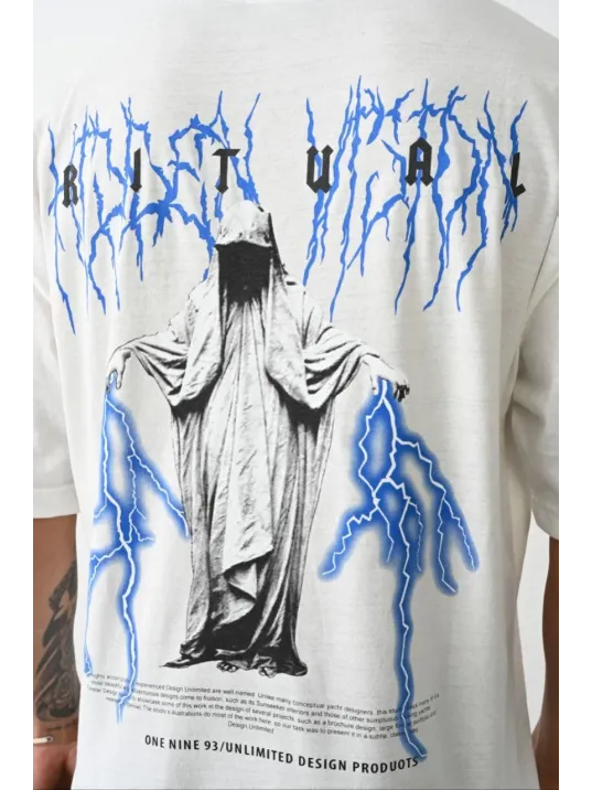 Unisex Baskılı Oversize T-Shirt - Beyaz