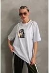 Unisex Baskılı Oversize T-shirt - Beyaz