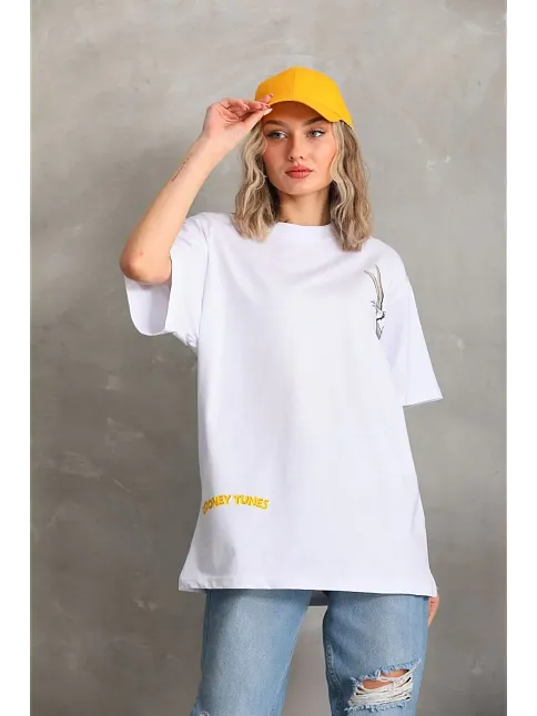 Unisex Baskılı Oversize T-shirt - Beyaz
