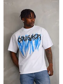Erkek Baskılı T-shirt Kısa Kol Bisiklet Yaka Rahat Kalıp Tişört - Beyaz
