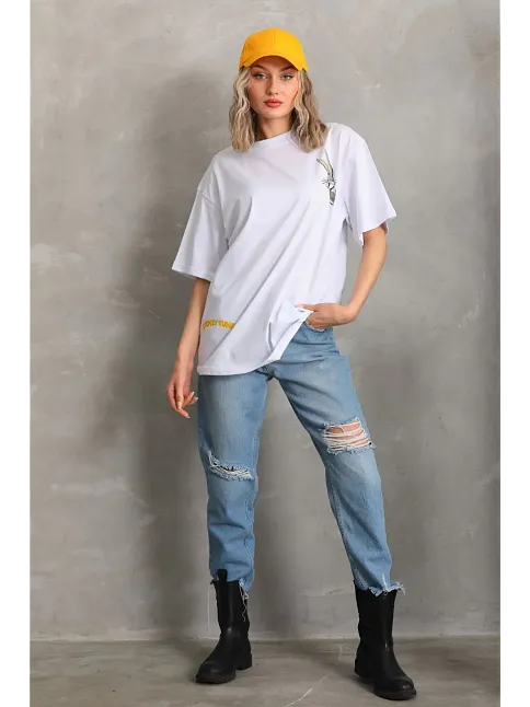 Unisex Baskılı Oversize T-shirt - Beyaz