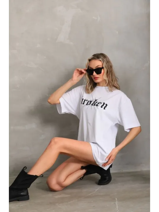 Unisex Baskılı Oversize T-Shirt - Beyaz
