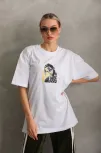 Unisex Baskılı Oversize T-shirt - Beyaz
