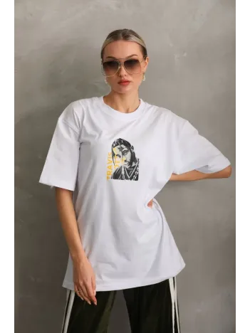Unisex Baskılı Oversize T-Shirt - Beyaz