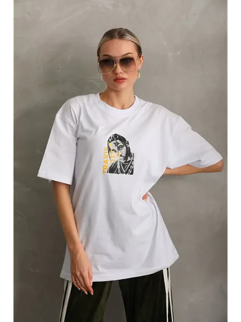 Unisex Baskılı Oversize T-shirt - Beyaz