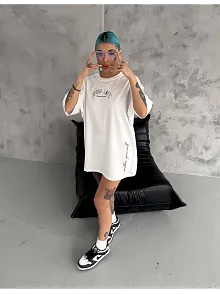 Unisex Baskılı Oversize T-shirt - Beyaz
