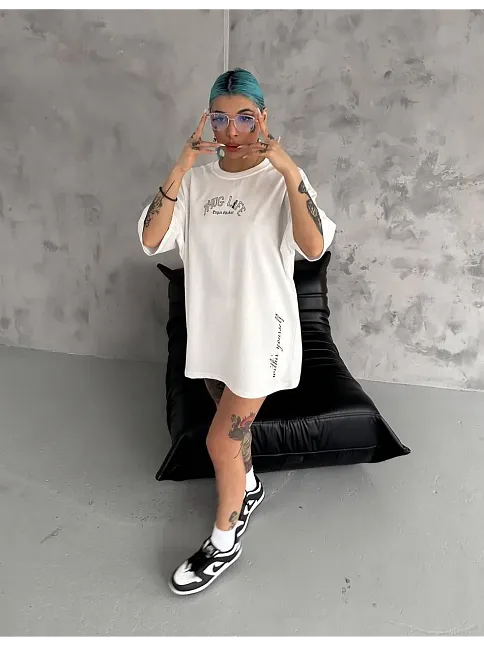 Unisex Baskılı Oversize T-shirt - Beyaz