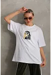 Unisex Baskılı Oversize T-shirt - Beyaz