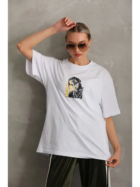 Unisex Baskılı Oversize T-shirt - Beyaz