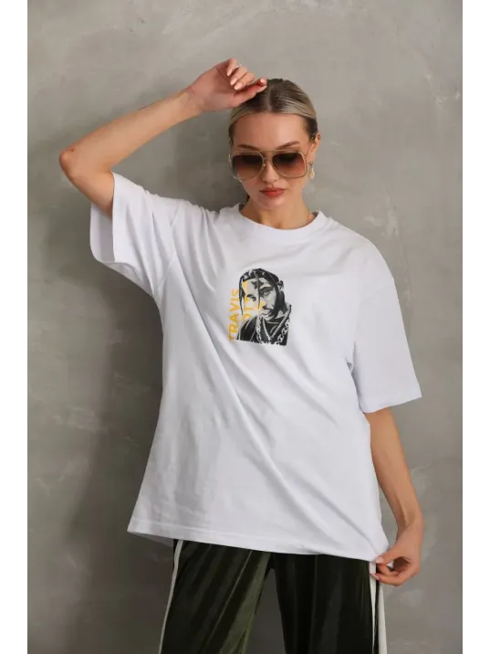 Unisex Baskılı Oversize T-Shirt - Beyaz