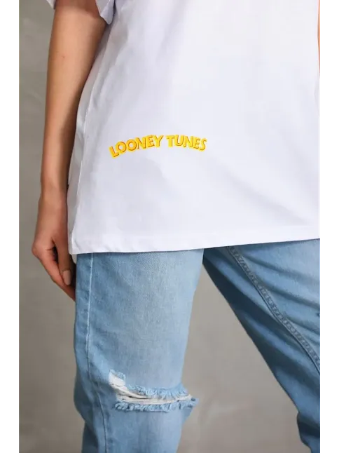 Unisex Baskılı Oversize T-shirt - Beyaz