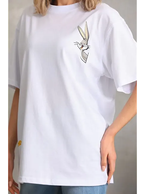 Unisex Baskılı Oversize T-shirt - Beyaz