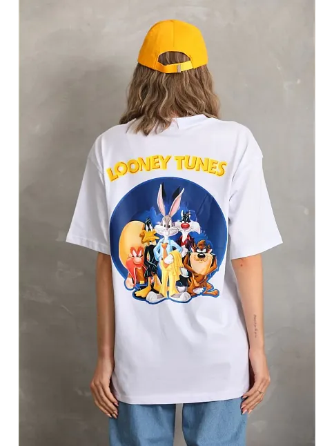 Unisex Baskılı Oversize T-shirt - Beyaz