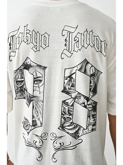 Unisex Baskılı Oversize T-shirt - Beyaz