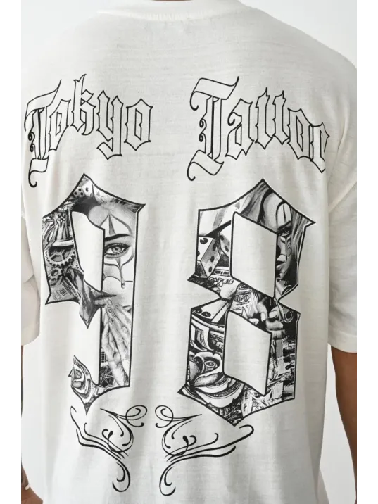 Unisex Baskılı Oversize T-shirt - Beyaz