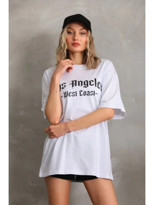 Unisex Baskılı Oversize T-Shirt - Beyaz