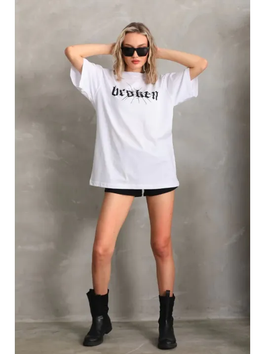 Unisex Baskılı Oversize T-Shirt - Beyaz