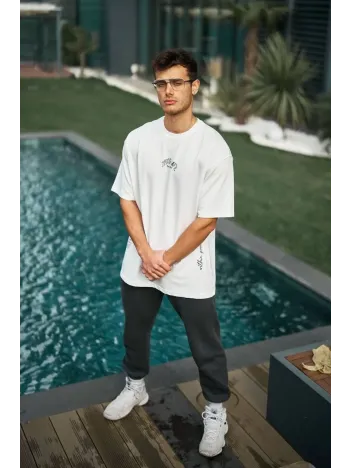 Unisex Baskılı Oversize T-Shirt - Beyaz